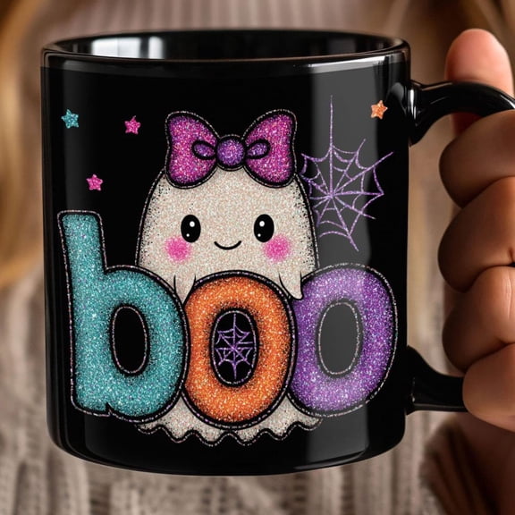 Iridescent Ghost with BOO in Glitter Letters, Halloween Cup, Spooky Drinkware, Creepy Coffee Mug, Ghostly Tea Cup, Halloween Kitchen