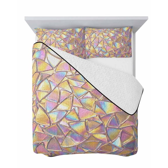 Iridescent Glass 3 Piece Quilt Set Twin Size, Modern Abstract Dreamy Colorful Shining Glass Soft Bedspread Coverlet Bedding Set Microfiber Lightweight Comforter Set with 2 Pillowcases for Bedroom