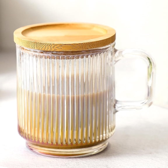 Iridescent Glass Coffee Mug with Lid - Classical Vertical Stripes Glass Cup - for |Latte|||Juice|Water| - Unleaded - Lid - 12.5 Ounces