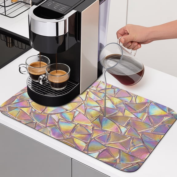 Iridescent Glass Dish Drying Mats for Kitchen Counter, Modern Abstract Dreamy Colorful Shining Glass Absorbent Coffee Bar Mat with Non-slip Rubber Backed Quick Drying Dish Rack Pad 12"x16"