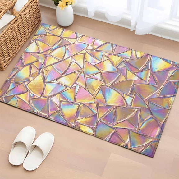 Iridescent Glass Entryway Rug 2'x3' Modern Abstract Dreamy Colorful Shining Glass Small Area Rug Non-Slip Front Door Mat Washable Floor Carpet for Indoor Entrance Kitchen Bathroom