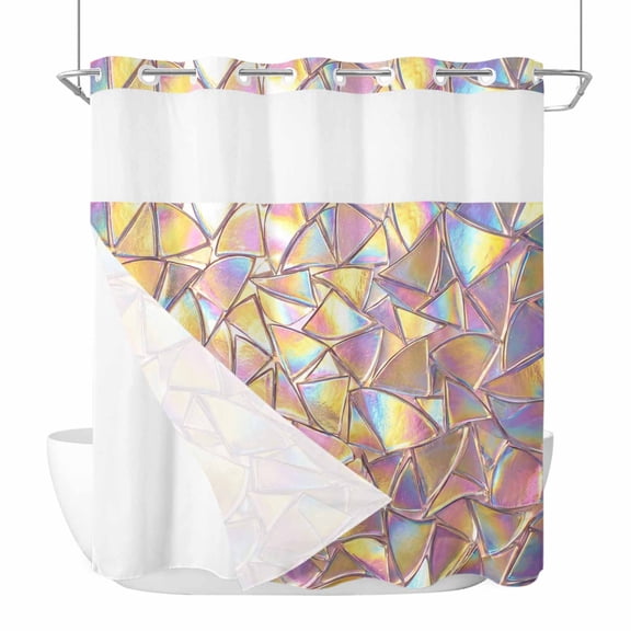 Iridescent Glass No Hook Shower Curtain and Snap in Liner Set, Modern Abstract Dreamy Colorful Shining Glass Waterproof Shower Curtain Liner Set with Mesh Top Window for Bathroom 66x72in