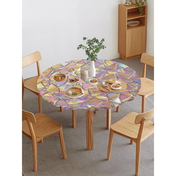 Iridescent Glass Round Fitted Tablecloth with Elastic Edge, Modern Abstract Dreamy Colorful Shining Glass Waterproof Stretch Table Covers for 36"-44" Tables Wipeable Table Cloth for Outdoor