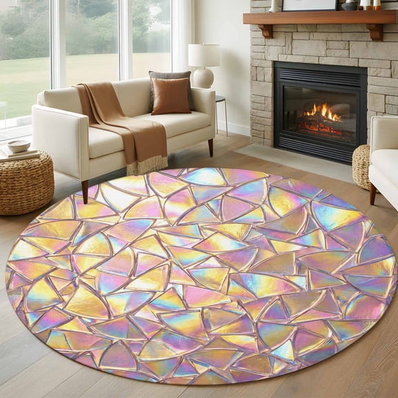 Iridescent Glass Round Rugs for Living Room 6ft Modern Abstract Dreamy Colorful Shining Glass Non Slip Circle Rug Washable Low-Profile Indoor Carpet for Bedroom, Dining Room, Bathroom
