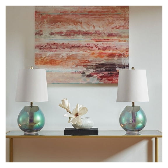 Iridescent Glass Table Lamp with Off White Shade - 72 Inch Cord - 60W Equivalent - Included 9W LED Bulb - Bedside Lamp for Living Room, Bedroom, Office
