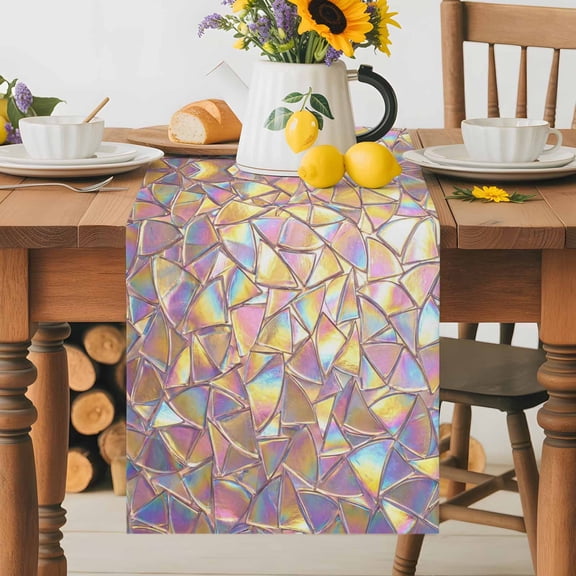 Iridescent Glass Table Runner 13x36 Inch Modern Abstract Dreamy Colorful Shining Glass Cotton Linen Dining Table Runner Ideal for Dresser Kitchen Coffee Tables - Machine Washable