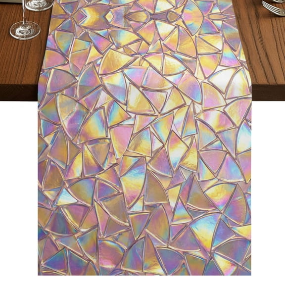 Iridescent Glass Table Runner 36 Inches Long, Modern Abstract Dreamy Colorful Shining Glass Cotton Linen Dining Table Runner Dresser Scarves for Home Kitchen Party Decor 13"x36"