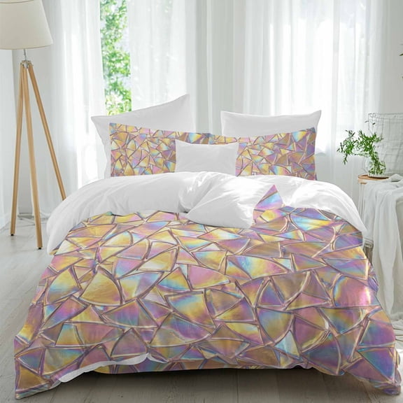 Iridescent Glass Twin Duvet Cover Set, Modern Abstract Dreamy Colorful Shining Glass 4 Piece Microfiber Bedding Set with Zipper Closure, Bed Sheet and 2 Pillow Shams, Soft Bedding Cover
