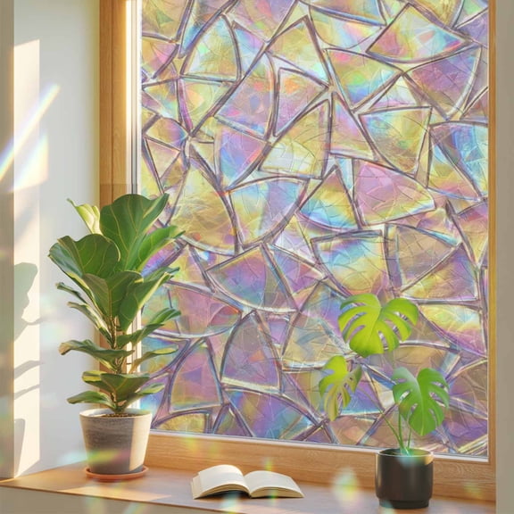 Iridescent Glass Window Privacy Film, Modern Abstract Dreamy Colorful Shining Glass Stained Glass Rainbow Film Decorative Window Clings, Static Cling Sun Blocking Stickers 19.6" x 39.3"