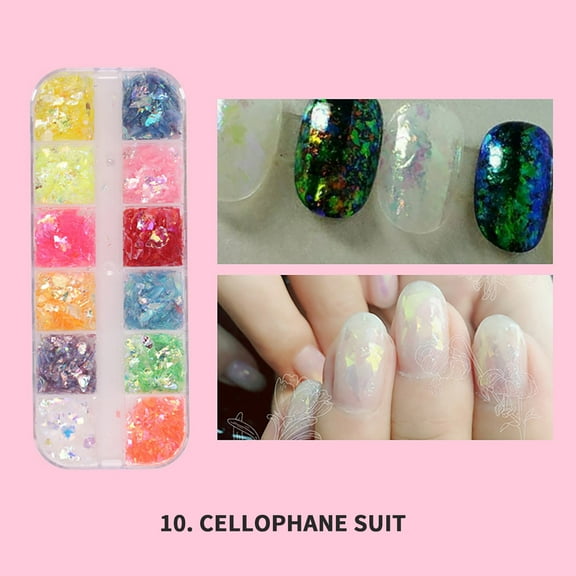 Iridescent Glitter Nail Art Sequins, Holographic Transparent Irregular Ultra Thin Nail Art Glitter Flakes Designs, Mermaid Nail Glitter Acrylic Supplies Decorations for Women Manicure Art (12 Grids）