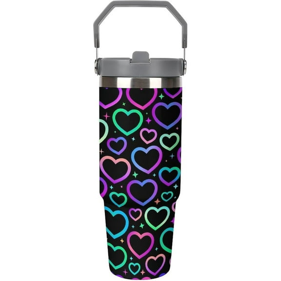 Iridescent Gradient Hearts Tumbler with Handle And Straw 30oz Flip Straw Stainless Steel Insulated Tumblers Cute Love Travel Coffee Cup Mug Water Bottle, Fits in Car Cup Holder