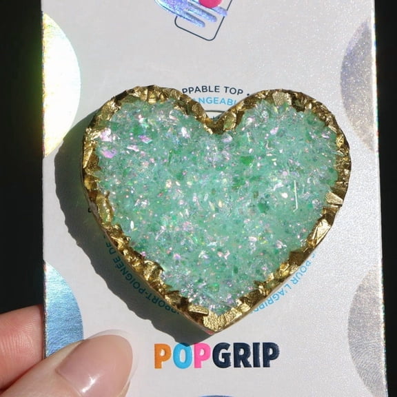 Iridescent Green Heart Faux Geode Resin Phone Grip