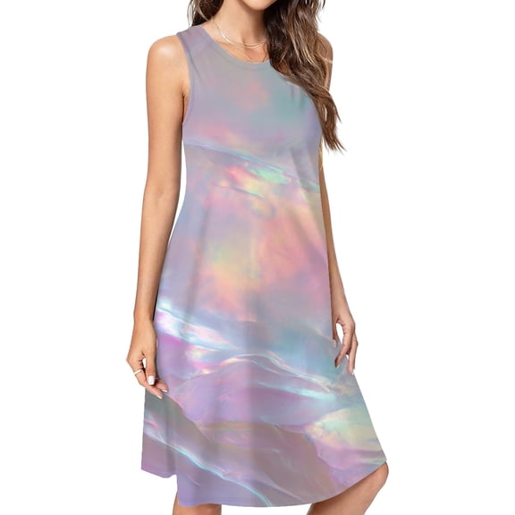Iridescent Holographic Foil Texture Dress Elegant Party Dresses Evening Dresses Women Dress Sleeveless Dress Ladies Dresses