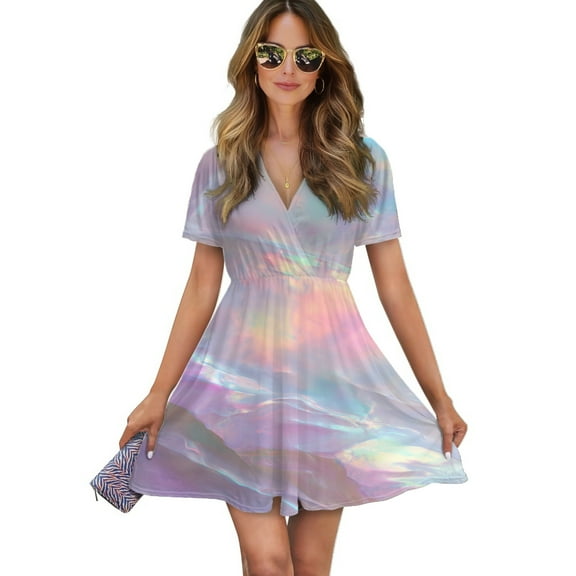 Iridescent Holographic Foil Texture Women Dress V-Neck Short Sleeve Flowy Swing Party Midi Dress