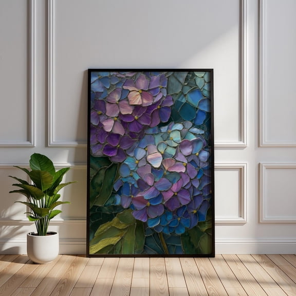 Iridescent Hydrangea Mosaic Purple Blue Floral Stained Glass Style Flower Shimmering Garden Modern Poster Unframed Paper Print