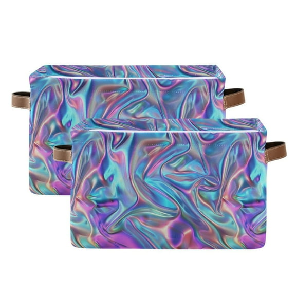 Iridescent Liquid Marble Storage Bins with Handle Fabric Organizer Basket Foldable Box 2 Pack 14.2x10.2x8.3