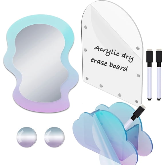 Iridescent Locker Accessories, Magnetic Locker Mirror and Pen Holder & Acrylic Magnetic Dry Erase Board for Fridge, Office, Back to School Essential Locker Set for Locker Organizer, Irregular