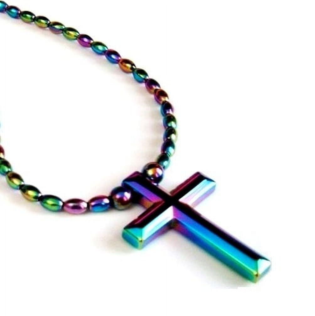 Iridescent Magnetic Necklace with Rainbow Color Hematite Cross Pendant ...