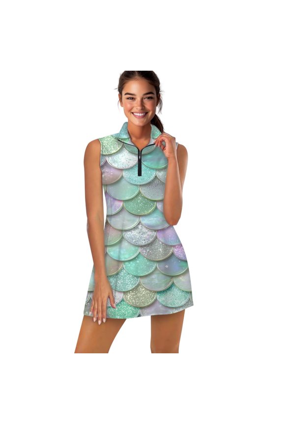 Iridescent Mermaid Scales Pattern Sports Dresses Women Tennis Dress with Separate Shorts One-Piece Slim Fit Golf Dress