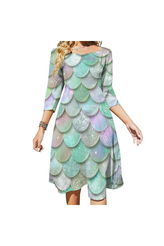 Iridescent Mermaid Scales Pattern Women's Fall Dresses Casual Loose Flowy Swing Shift Dress