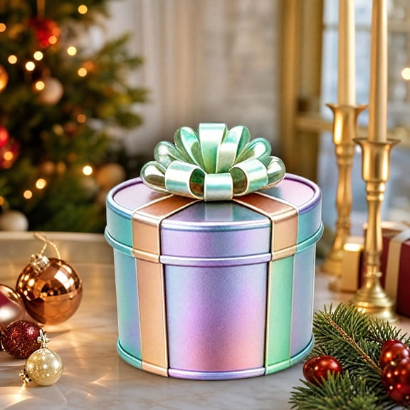 Iridescent Metal Gift Box with Lid and Bow Decoration, Large Round Container with Lid for Holiday Storage, Christmas Decoration