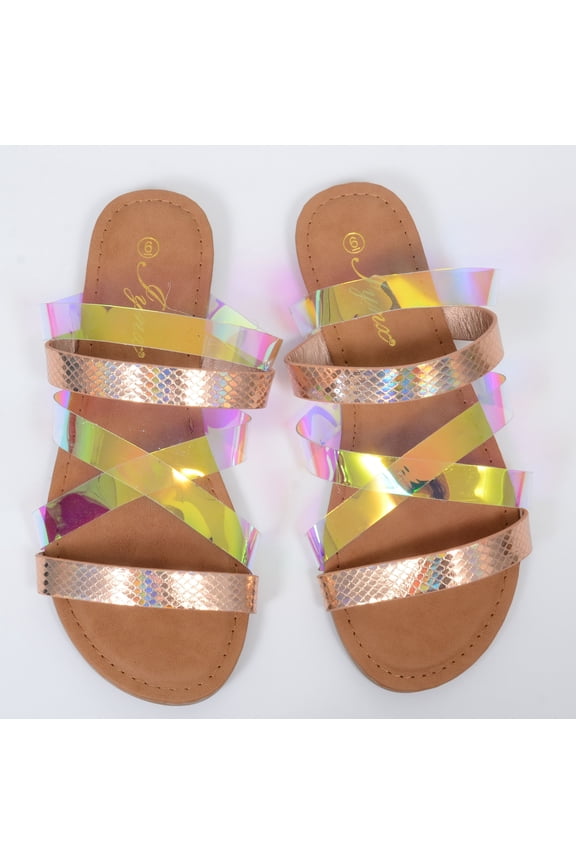 Iridescent Metallic Clear Strappy Flat Sandals - 7