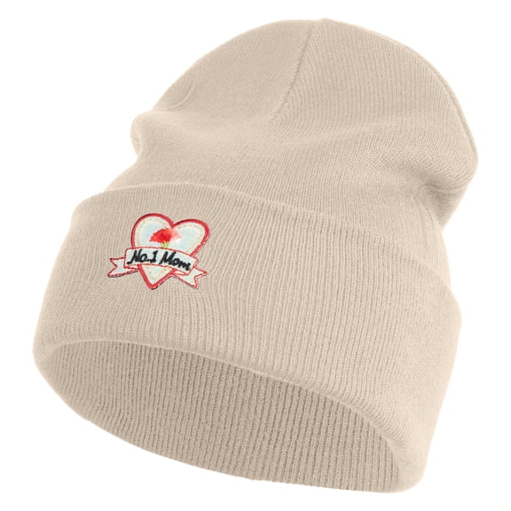 Iridescent "No.1 Mom" Heart Iron on Patched 12 Inch Long Knitted Beanie - Birch OSFM