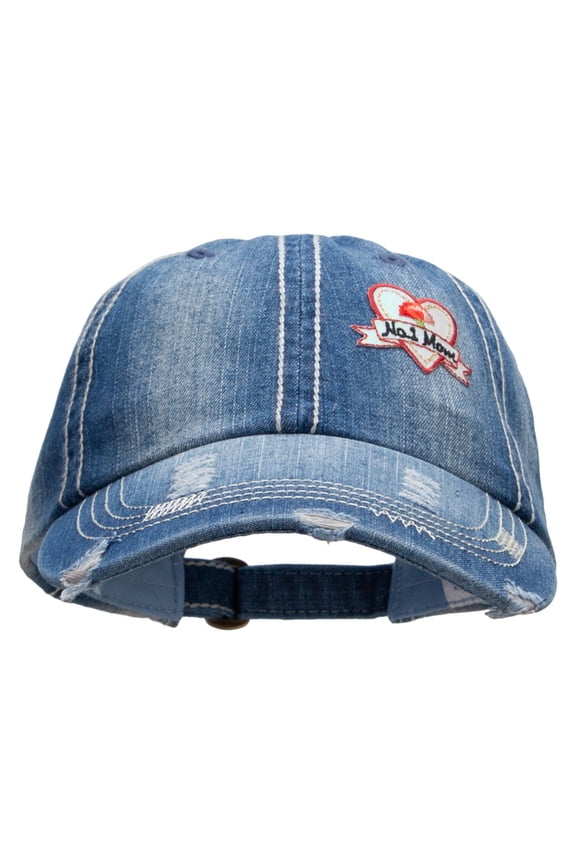 Iridescent No.1 Mom Heart Patched Distressed Heavy Washed Denim Cap - Blue OSFM