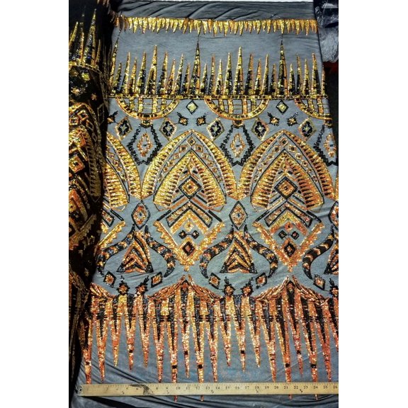 Iridescent Orange/Black Stretch Nylon Spandex Mesh Sequin Fabric "Aztec Tribal"