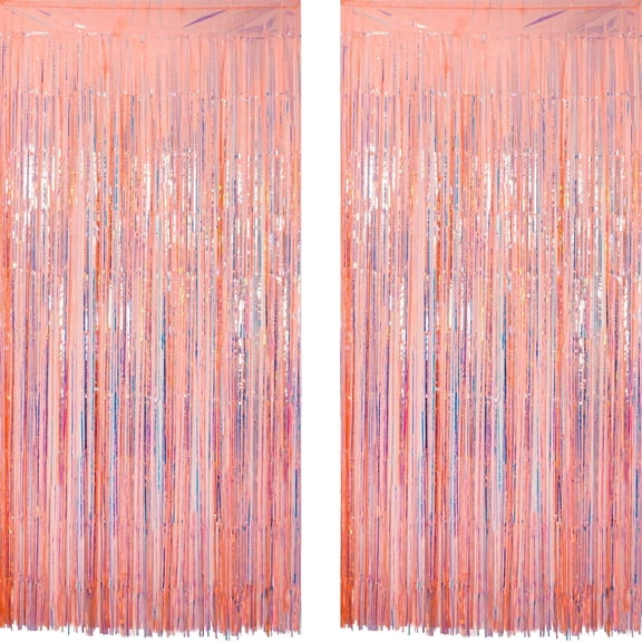 Iridescent Orange Tinsel Foil Fringe Curtain for Birthday Decoration Showgirl Theme Party Backdrop Streamers, 3.2 x 6.5 ft with 2 Packs