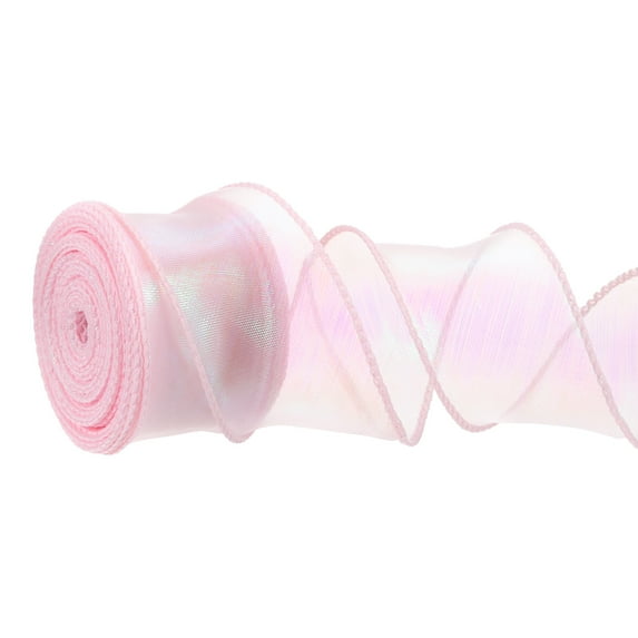 Iridescent Organza Ribbon Sheer Wired Shimmer Chiffon Ribbons Sparkly Fishtail Yarn Gift Ribbons for Gift Wrapping Pink