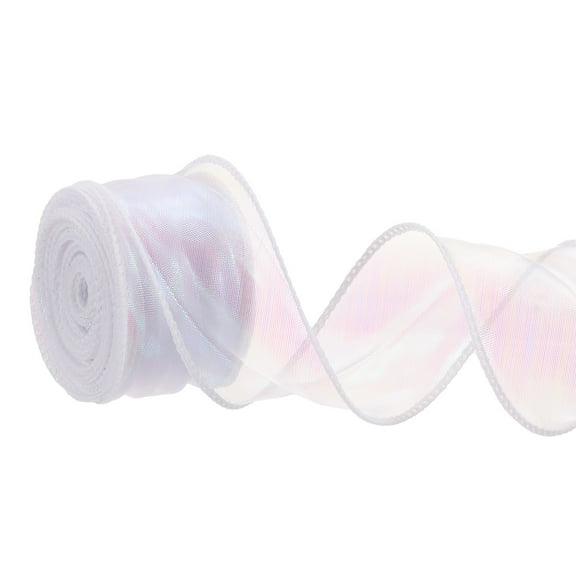 Iridescent Organza Ribbon Sheer Wired Shimmer Chiffon Ribbons Sparkly Fishtail Yarn Gift Ribbons for Gift Wrapping White