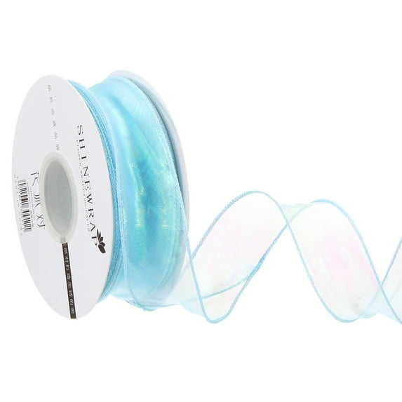 Iridescent Organza Ribbon Sheer Wired Shimmer Chiffon Ribbons Sparkly Fishtail Yarn Gift Ribbons with Scroll Blue