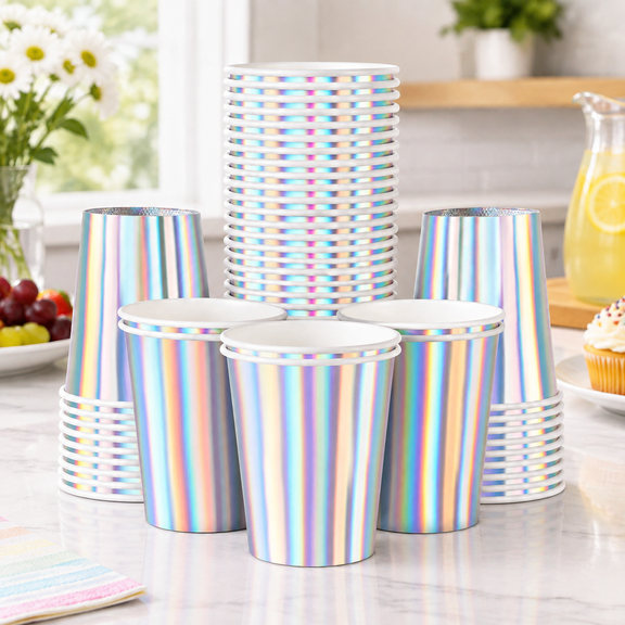 Iridescent Paper Cups 9 oz Disposable Coffee Cup Hot Cold Drinks Tea Water Milk Juice Beverages Holographic Rainbow Party Decorations for Picnic Home Birthday Wedding Anniversary Christmas