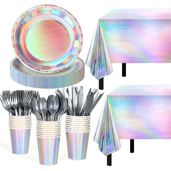 Iridescent Party Decorations,132 Pcs Disposable Iridescent Party Plates Cups Knives Spoons Forks for Party Supplies Birthday Wedding Outdoor Picnic,Disposable Plastic Tablecloths for Home Dinner Decor