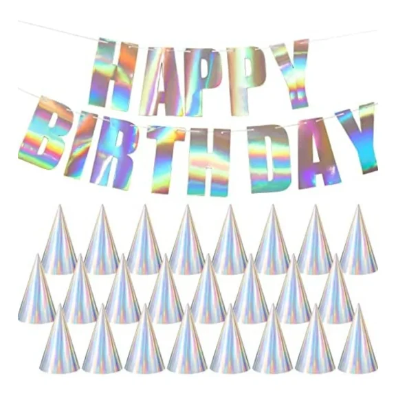 Iridescent Party Hats With Happy Birthday Banner