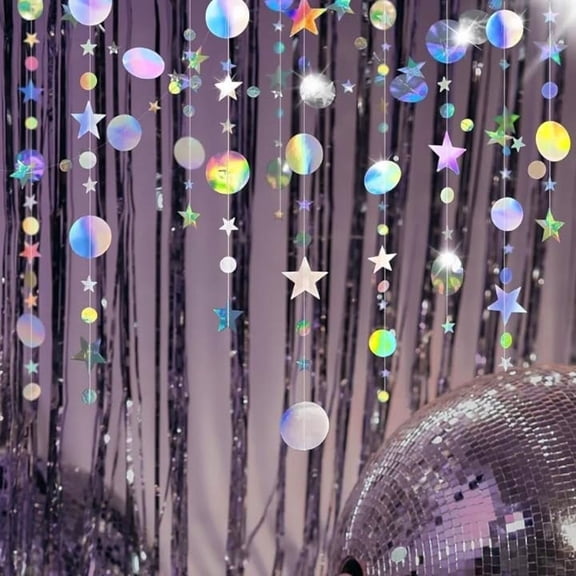Iridescent Party Star Circle Dot Decoration Hanging Garland Streamer Decorations Glitter Bunting Banner Twinkle Backdrop for Engagement Wedding Baby Shower Birthday Xmas