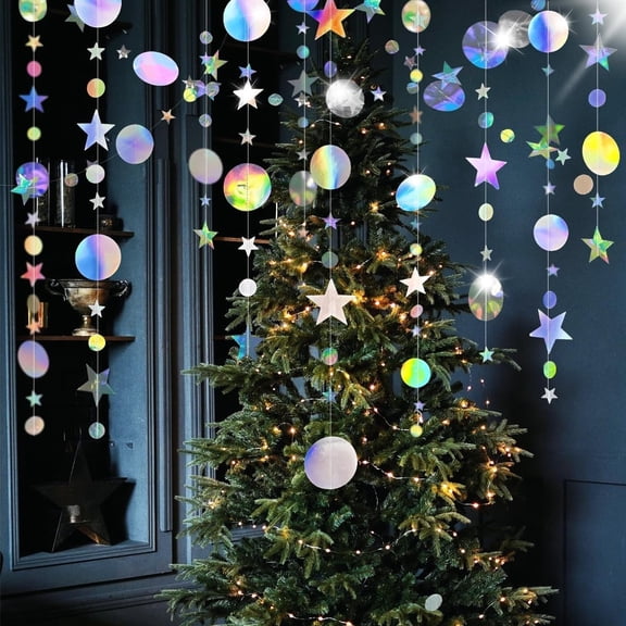 Iridescent Party Star Circle Dot Hanging, QZS Garland Streamer Decorations, Glitter Star Bunting Banner Twinkle Backdrop for Engagement, Wedding, Birthday, Xmas - 13Feet