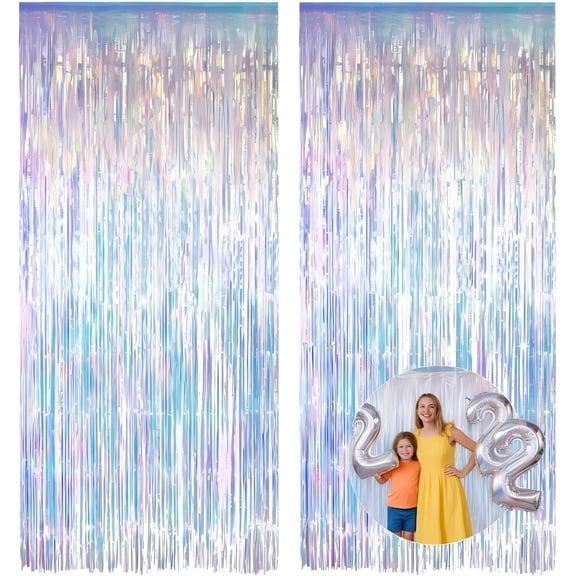 Iridescent Party Streamers Backdrop - 2 Pack 3.31 x 6.6 ft Neon Transparent Holographic Tinsel Foil Fringe Curtain for Mermaid Sea Ice Princess Theme Birthday Decorations