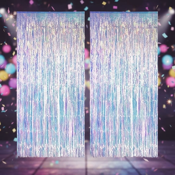 Iridescent Party Streamers Backdrop - Neon Transparent Holographic Tinsel Foil Fringe Curtain for Mermaid/Frozen/Sea/Euphoria/ERAS Party Theme Decorations 3.2ft x 6.5ft 2 PCS