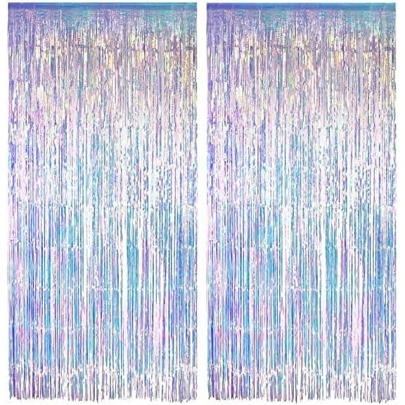 Iridescent Party Streamers Backdrop - Neon Transparent Holographic Tinsel Foil Fringe Curtain for Mermaid/Frozen/Sea/Euphoria/ERAS Party Theme Decorations 3.2ft x 6.5ft 2 PCS