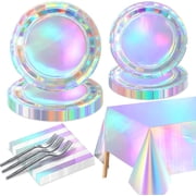 Iridescent Party Supplies for 20 Guests, Disposable Iridescent Tableware Set Includes Holographic Paper Plates, Napkins, Forks, Tablecloth for Birthday Themed Party Decorations Wedding