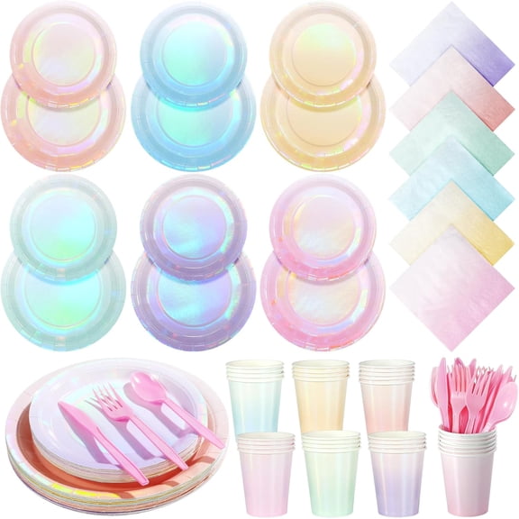 Iridescent Pastel Plates and Napkins Serve 25, Rainbow Holographic Party Supplies, Disposable Paper Cups Knives Forks for Birthday Wedding Baby Shower Decorations