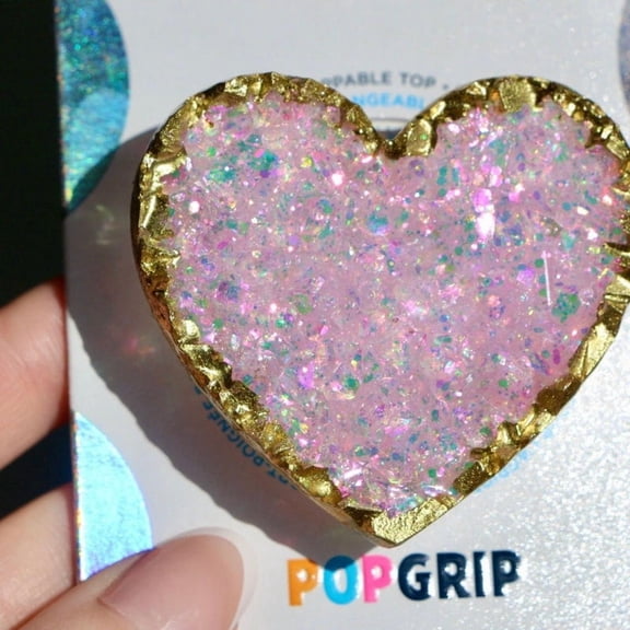 Iridescent Pink & Green Heart Faux Geode Resin Phone Grip