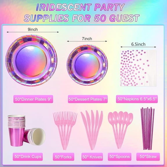 Iridescent Pink Holographic Paper Plates and Napkins Set for 50 Guests
