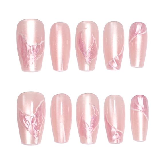 Iridescent Pink Mermaid Tail Press on Nails, Medium Coffin Swirl Pattern Glossy False Nails, 10 Count