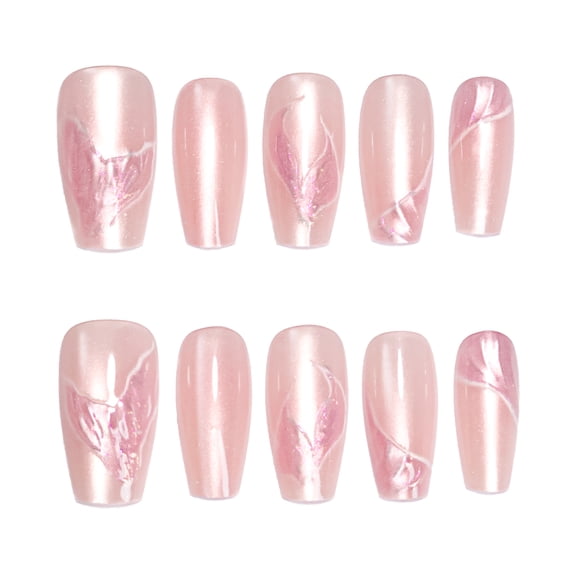 Iridescent Pink Mermaid Tail Press on Nails, Medium Coffin Swirl Pattern Glossy False Nails, 10 Count