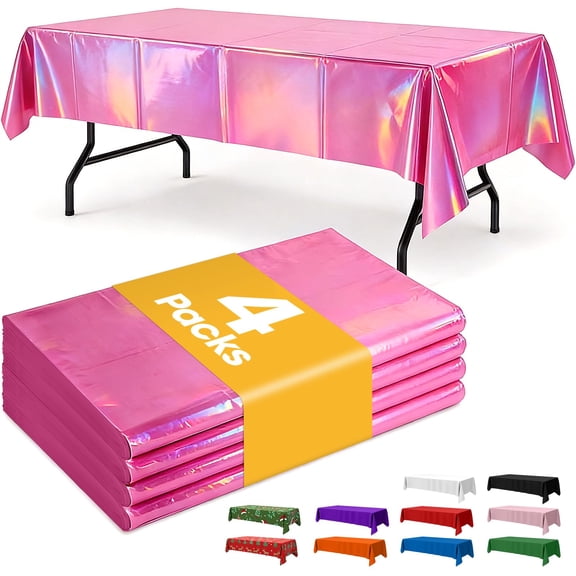 Iridescent Pink Plastic Table Cloth - 4 Pack 54" × 108" Rectangle Disposable Tablecloths for 6FT Tables, Table Cover for Party, Holiday & Gathering Use
