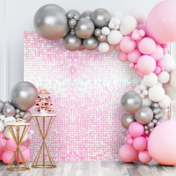Iridescent Pink Shimmer Wall Backdrop, 49PCS Square Sequin Shimmer Backdrop Panel, Photo Backdrops for Birthday, Anniversary, Wedding, Graduation & Bachelorette Party Decoration