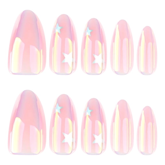Iridescent Pink Star Pattern Press on Nails, Medium Pointed Almond Glossy Iridescent Finish Artificial Nails, 30 Count